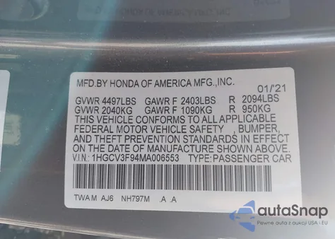 2021 Honda Accord Hybrid Touring из США, поврежденный, VIN 1HGCV3F94MA006553